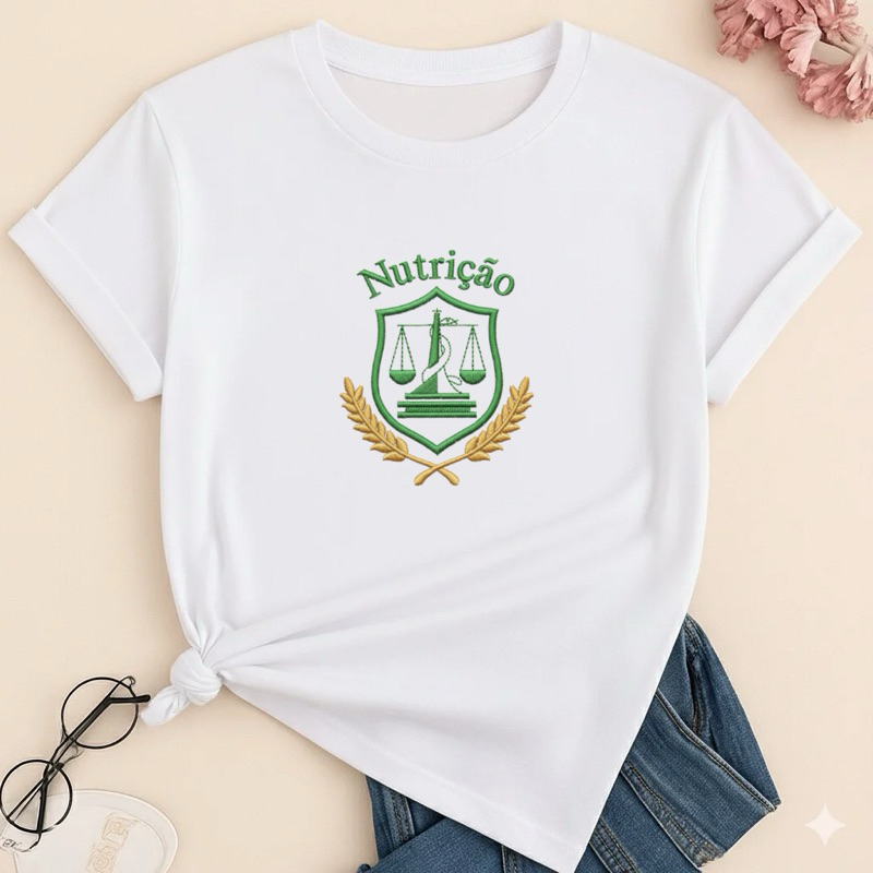 Camiseta Nutrição Unissex Estampa DTF Alto Relevo Efeito Bordado Algodão Adulto Infantil Branca Preta Bege