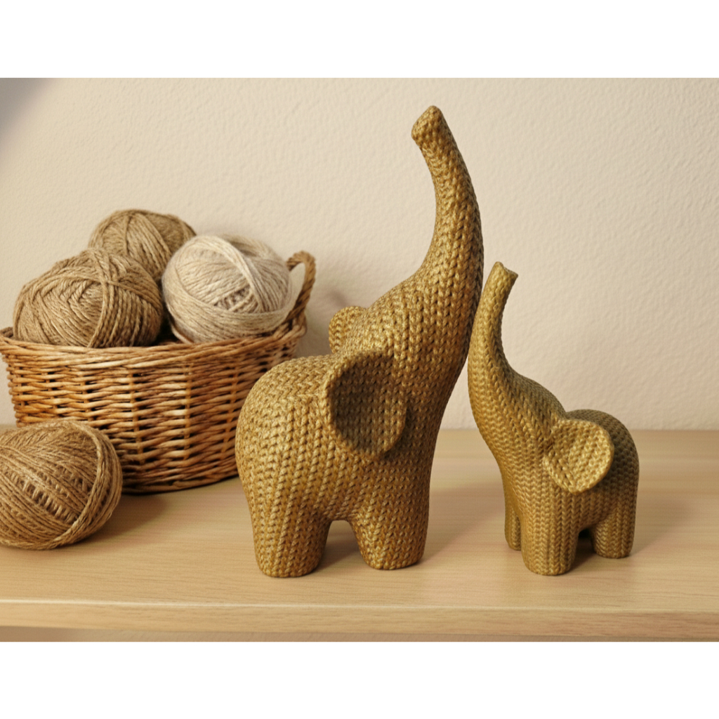 Kit 2 Elefantes da Sorte Decorativos - Efeito Crochê 3D (Mãe e Filho)