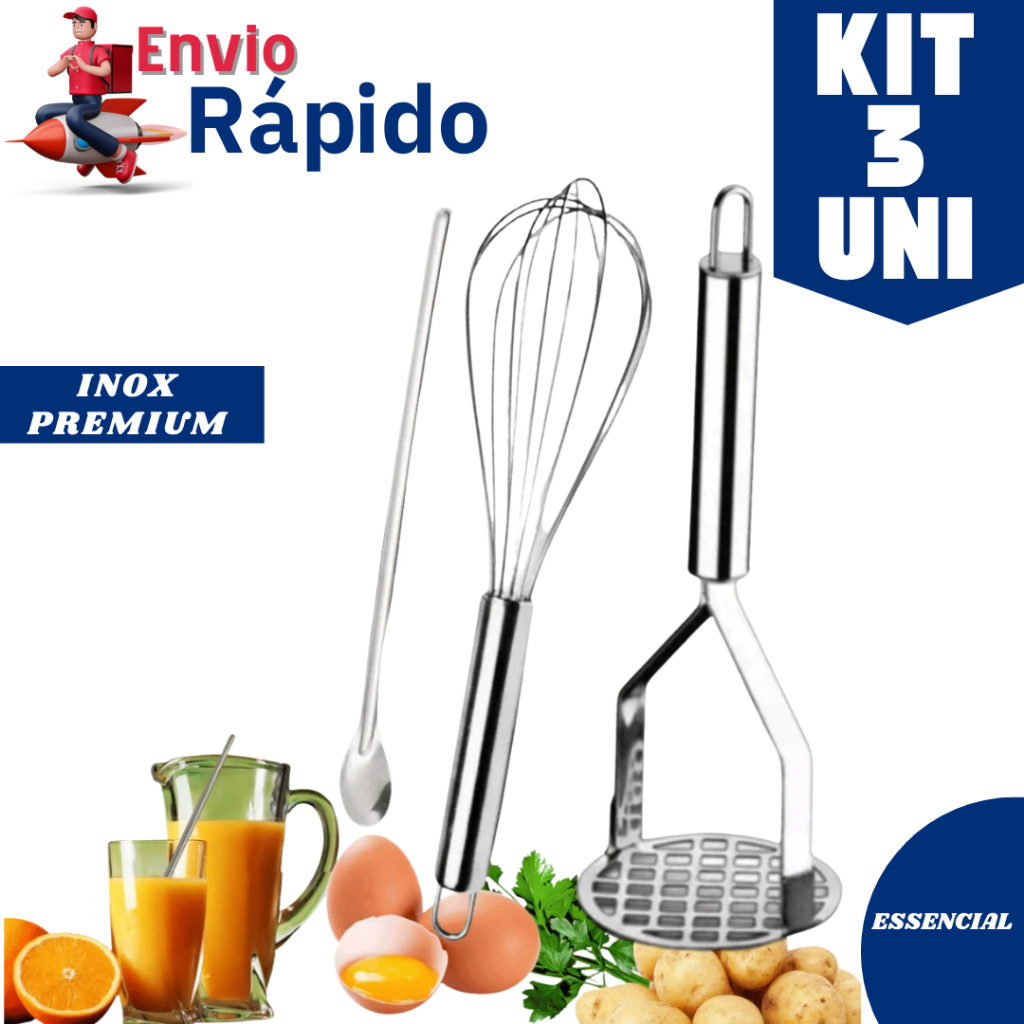 Kit 03 Unidades - Amassador de Batatas Forte Resistente Fue Fuet em aço Inox Colher para Suco 30cm Linha Premium Cozinha