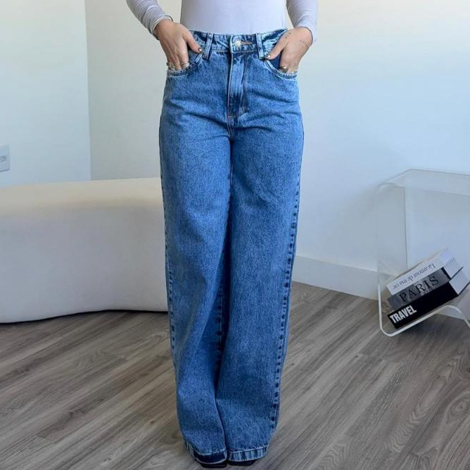 Calça Jeans Feminina Wide Leg pantalona Cintura Alta Tecido calça wide leg jeans em Oferta na Shopee