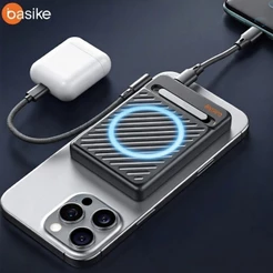 Basike Carregador Portátil Rápido Power Bank 10000mAh 22.5W com Suporte MagSafe 15W Sem Fio Tipo-C para iPhone Android