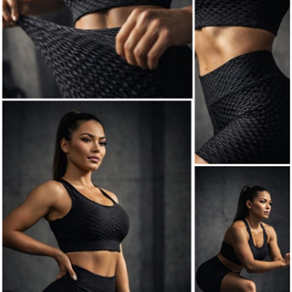 Conjunto Fitness Feminino Bolha 3D Top com Bojo + Short Biker Cintura Alta – Zero Transparência em Oferta na Shopee