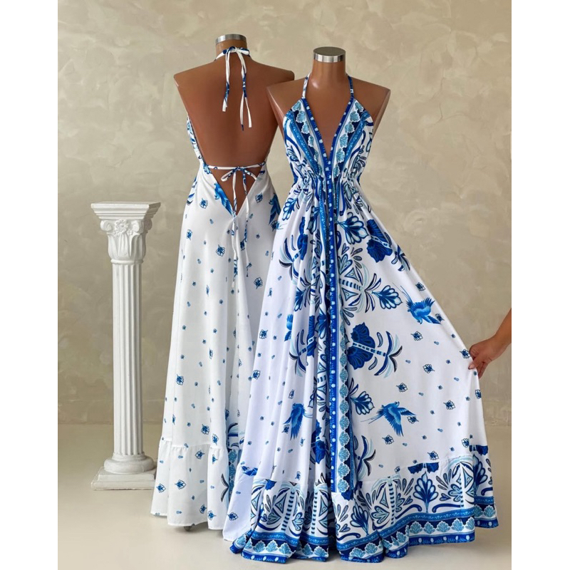 Vestido  Femenina Longo Indiano Estampado Elegante Tecido Crepinho Tamanho Única Veste 38 40 42 44 em Oferta na Shopee