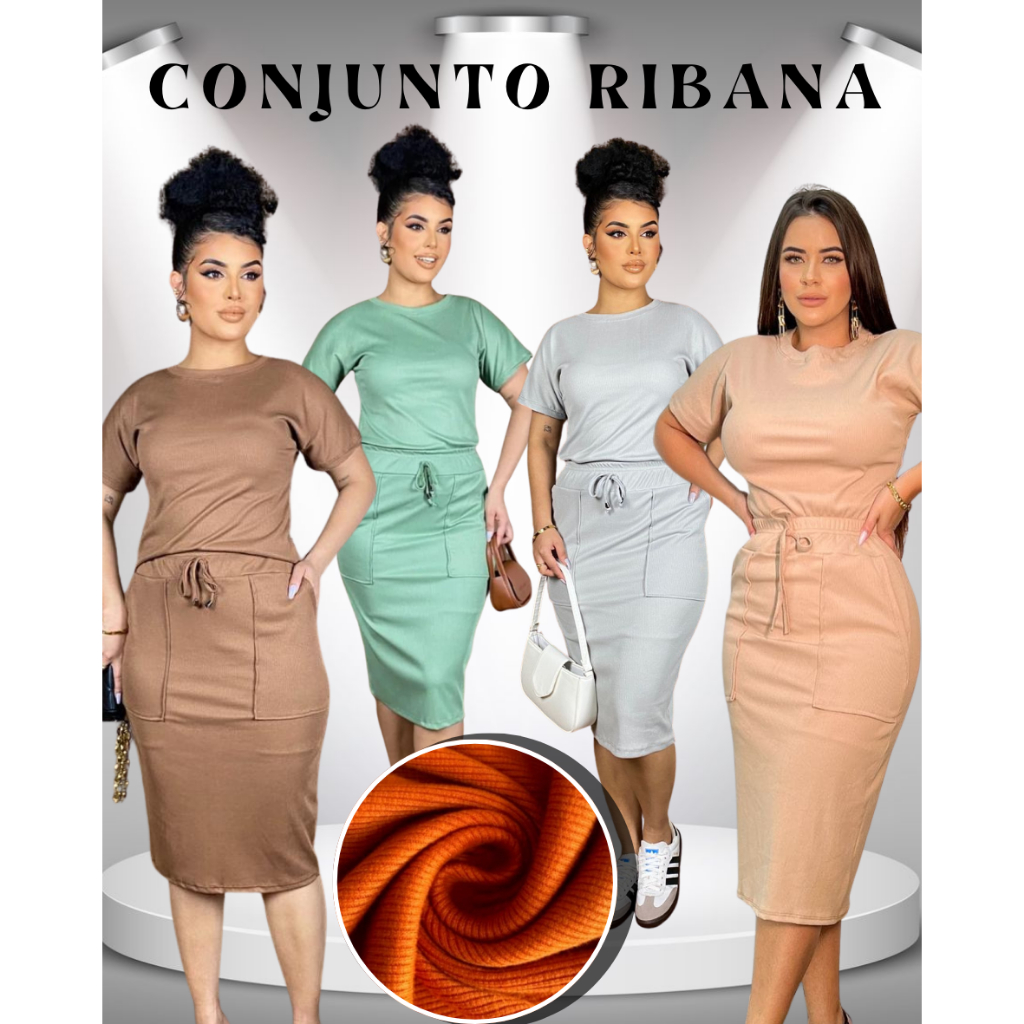 Conjunto Evangelico Saia Midi Ribana con Blusa Tshirt Femenino