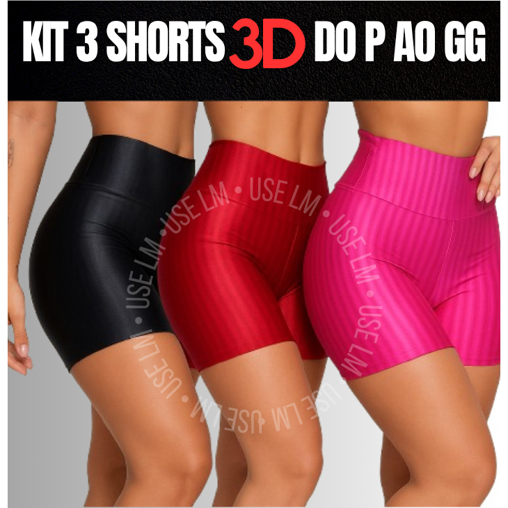 Kit 3 Shorts Femininos Cirrê 3D | Cintura Alta Confortável | Academia e Treino | P ao GG G1 G2 G3