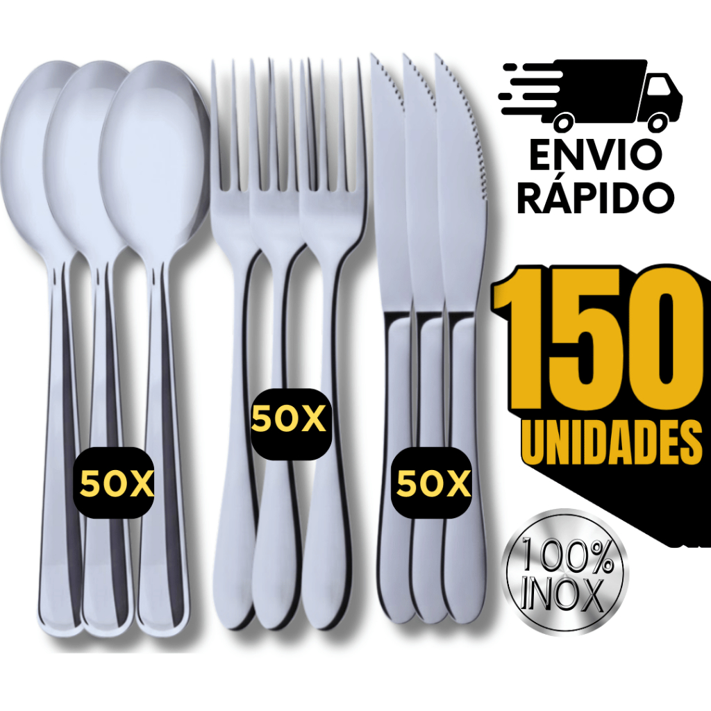 Jogo Talheres 150 Utensílios  em Inox  50 Garfo 50 Faca 50 Colher Faqueiro Casa Cozinha Buffet Talher