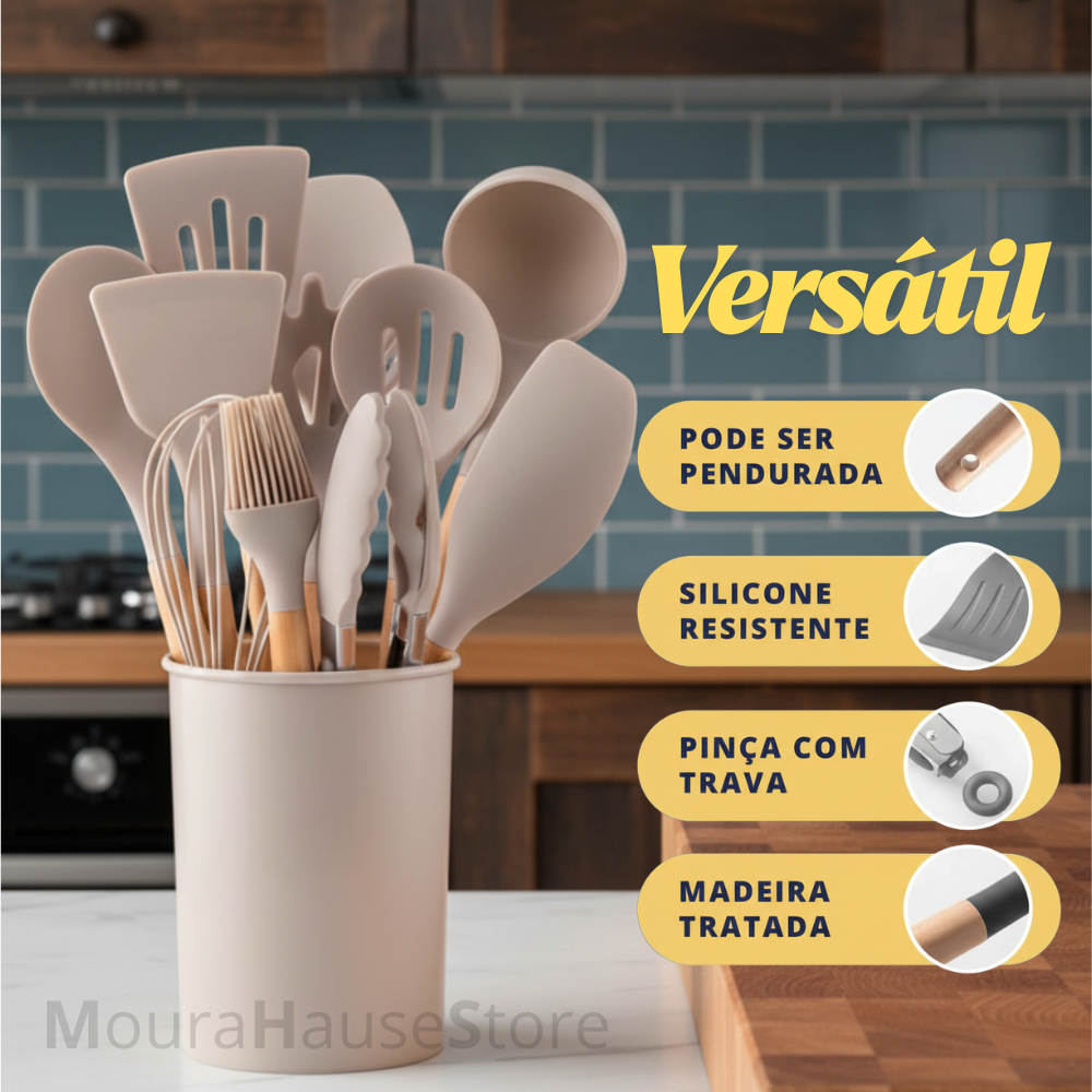 Conjunto de Utensílios de Cozinha 12 Peças Premium, Silicone e Madeira, Antiaderente e Res...
