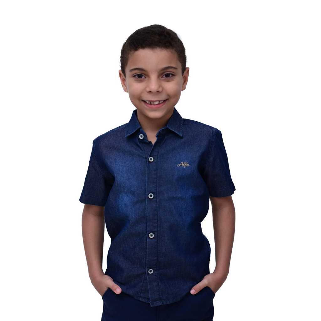 Camisa Jeans Manga Curta Com Bordado Lateral Infantil Juvenil Alfa 1603