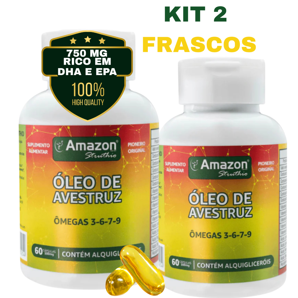 Kit 2 Óleo de Avestruz 750mg – Ômegas 3-6-7-9 + Vitaminas A, D3, K2 e B – 60 Cáps - Amazon Struthio