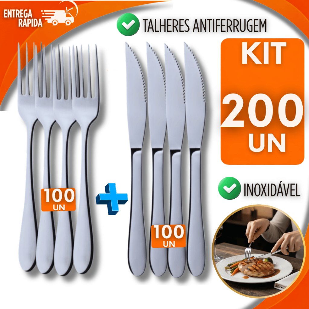 200 Talheres Inox 100 Garfo 100 Faca Premium Cozinha Buffet Restaurante Casa Eventos Utilidades