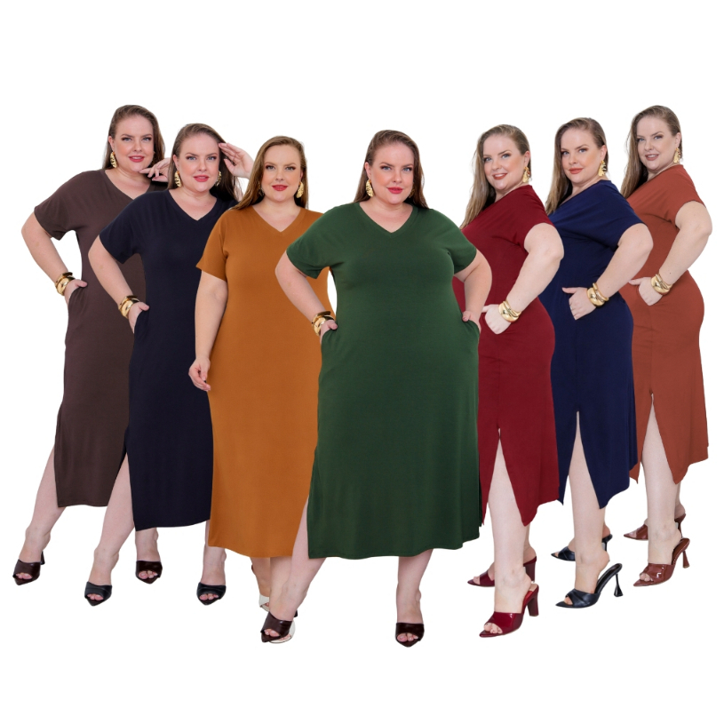 Vestido Plus Size Midi Longo Liso Viscolycra Gola V Bolsos Fendas Laterais Moda Evangélica (42ao58) em Oferta na Shopee
