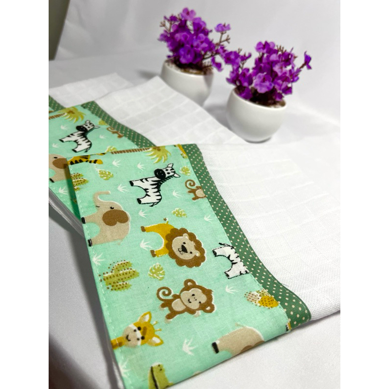 Kit 3 fraldas de boca para bebê safari verde paninho de boca babete enxoval menino 100% algodão macia