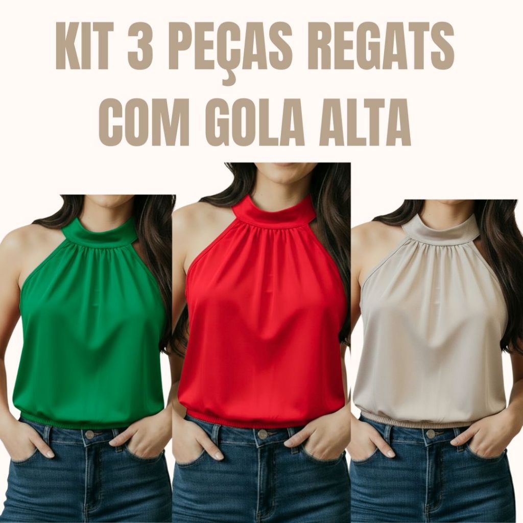 KIT 3 blusa feminina estilosa Gola Alta, Franzido moda verão em Oferta na Shopee