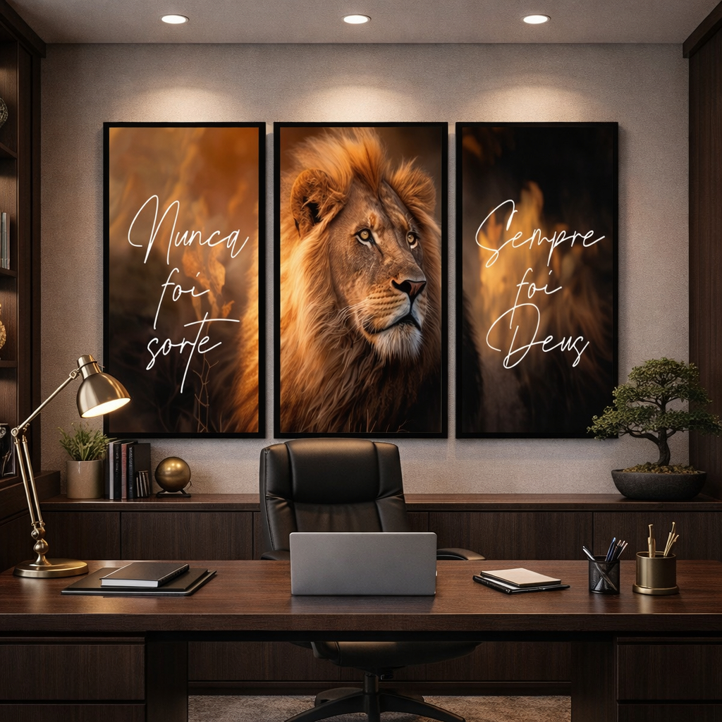 QUADRO DECORATIVO LEAO DE JUDA 3 PEÇAS RELIGIOSO NUNCA FOI SORTE SEMPRE FOI DEUS EM MDF PARA SALA,QUARTO E ESCRITÓRIO