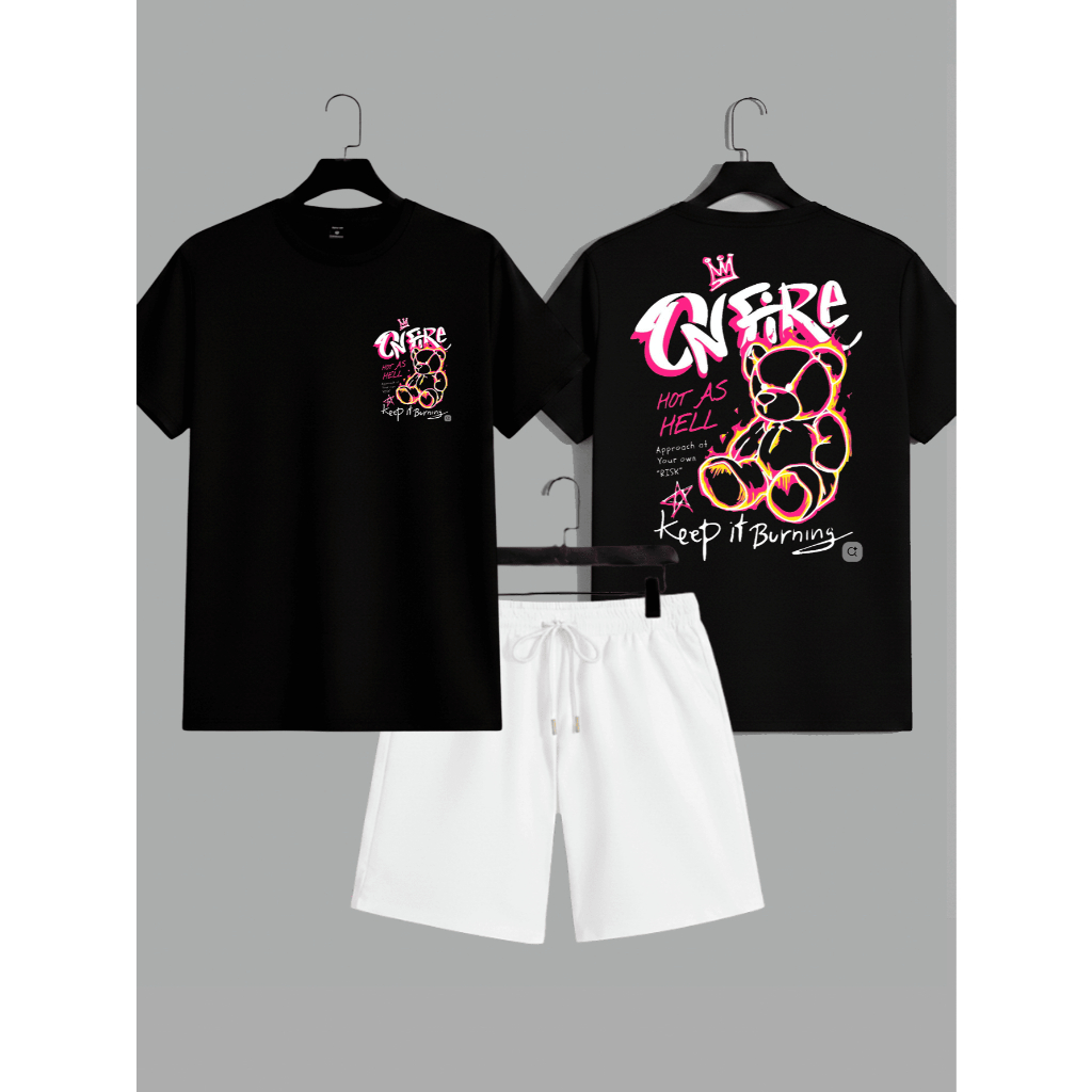 Kit Camiseta Masculina + Short Tactel Urso Ursinho On Fire Lançamento Treino Academia Esporte Verão