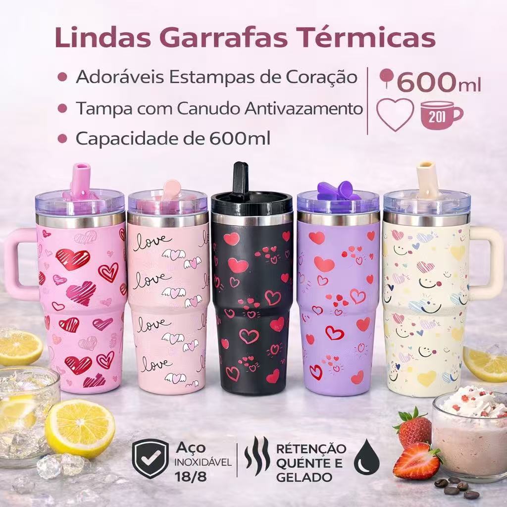 Copo Garrafa Térmico 600ml Estampa de Corações Com Canudo Chupeta Alça Para Crianças Escola Trabalho em Oferta na Shopee