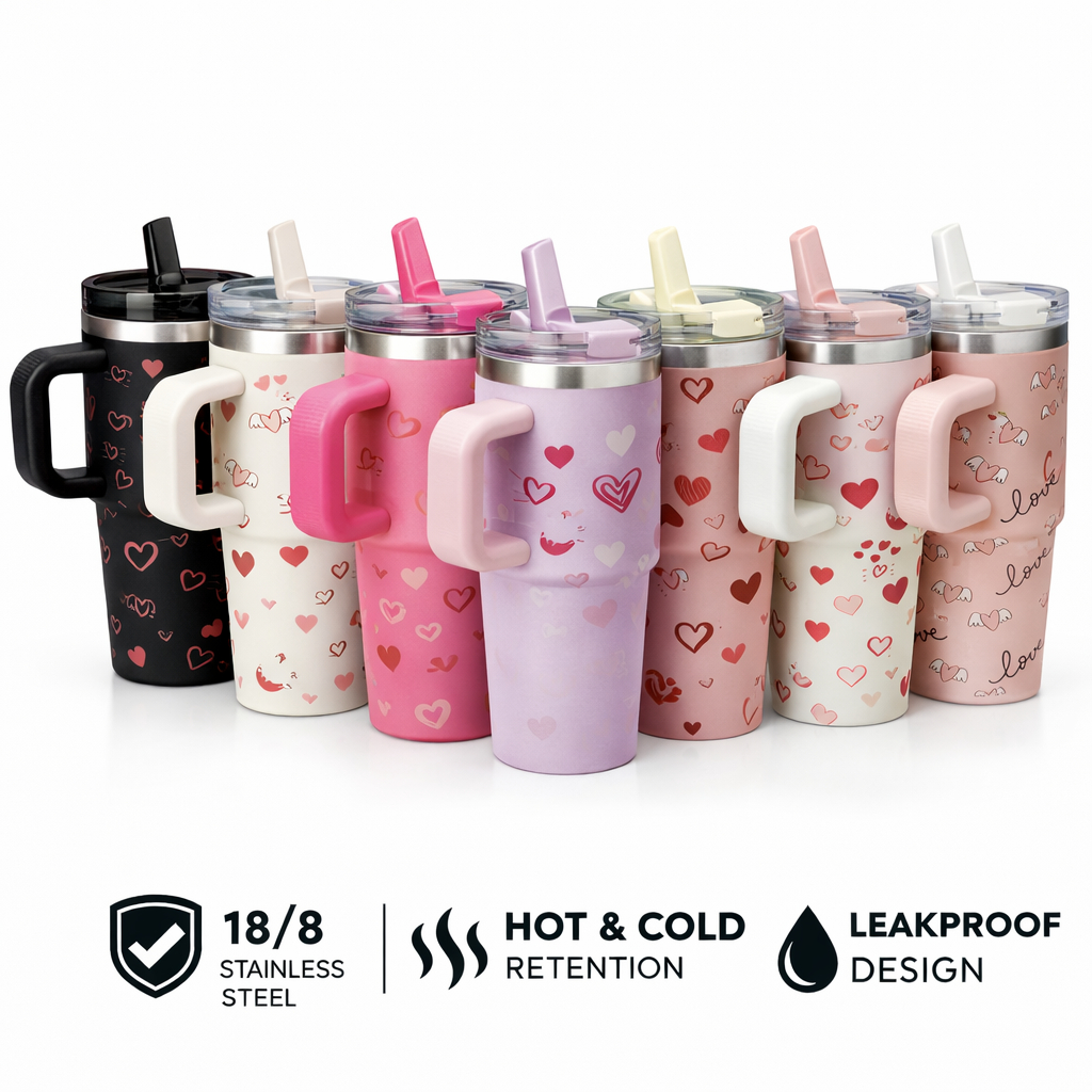 Copo Garrafa Térmico 600ml Estampa de Corações Com Canudo Chupeta Alça Para Crianças Escola Trabalho
