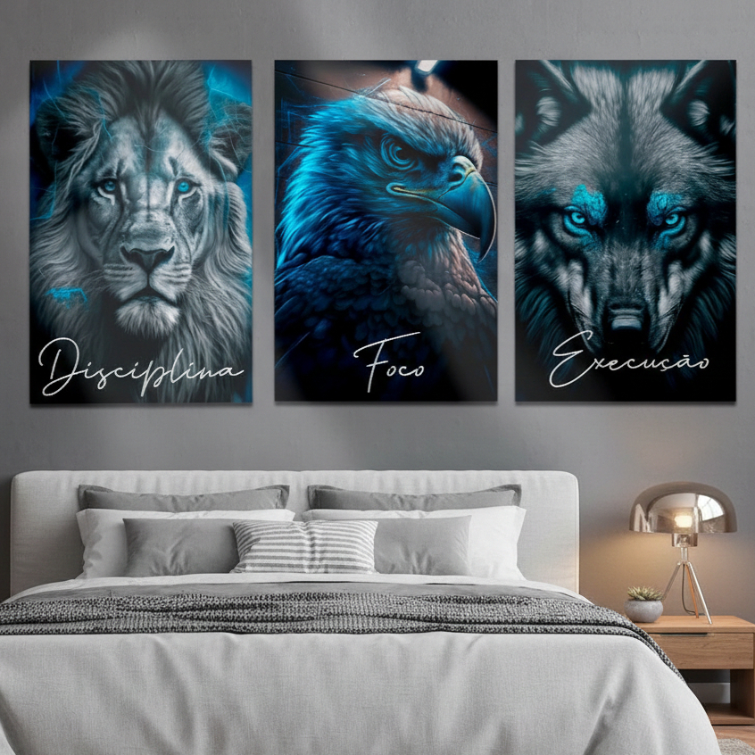 Quadro decorativo leão lobo e aguia motivacional em mdf para sala quarto e escritorio 3peças