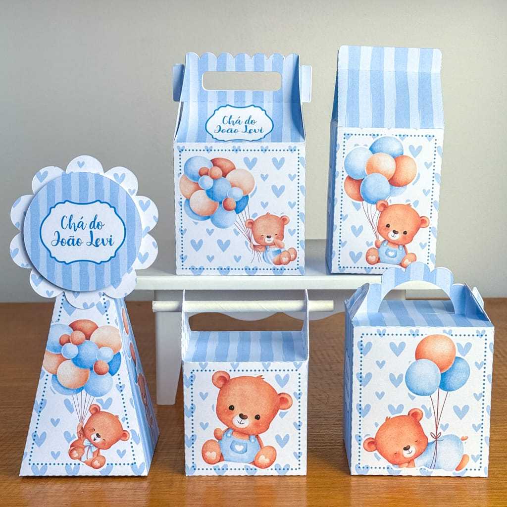 Kit Caixinhas Personalizadas Festa Infantil – Lembrancinhas Prontas – Papelaria Personalizada – Chá Ursinho Azul