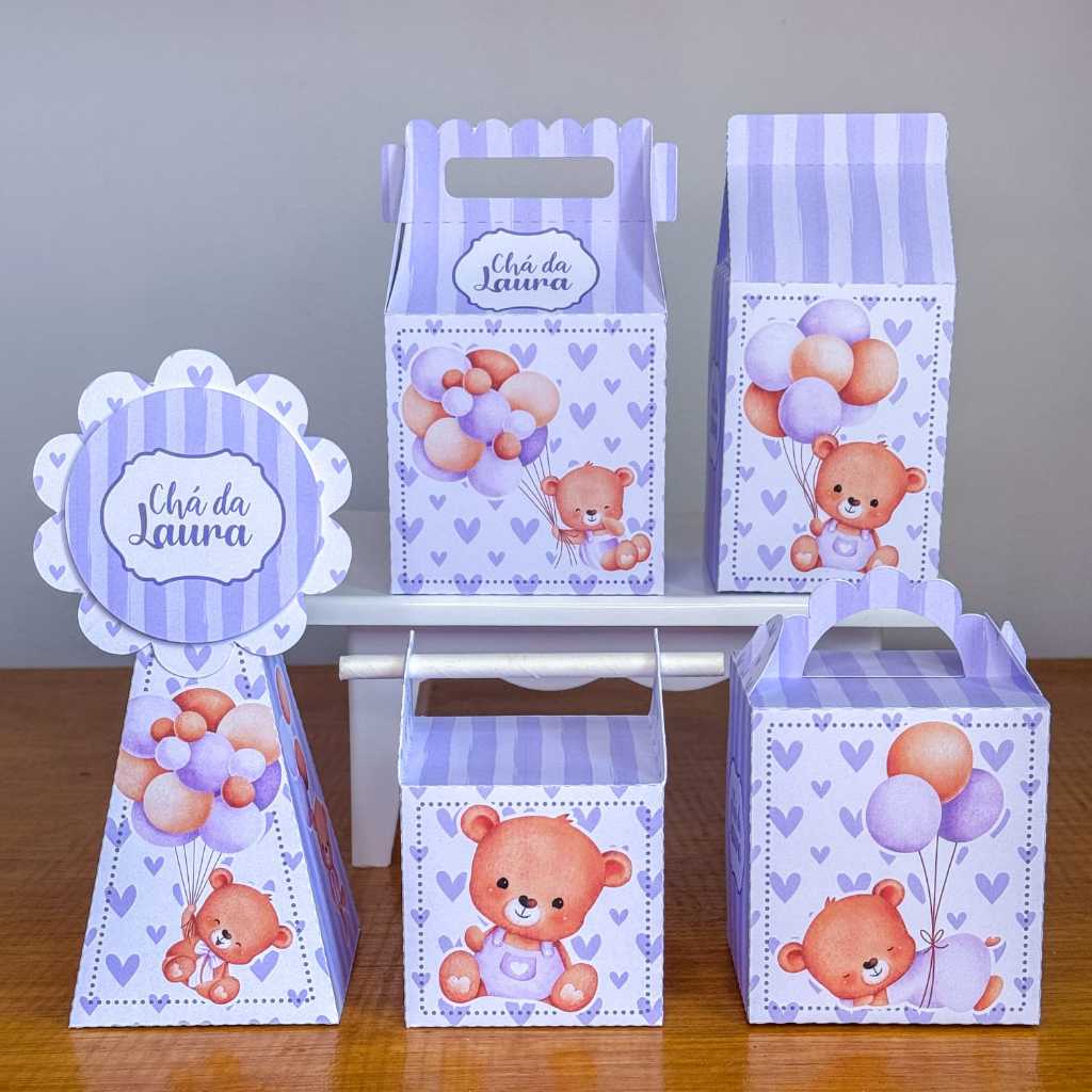 Kit Caixinhas Personalizadas Festa Infantil – Lembrancinhas Prontas – Papelaria Personalizada – Chá Ursinha Lilás