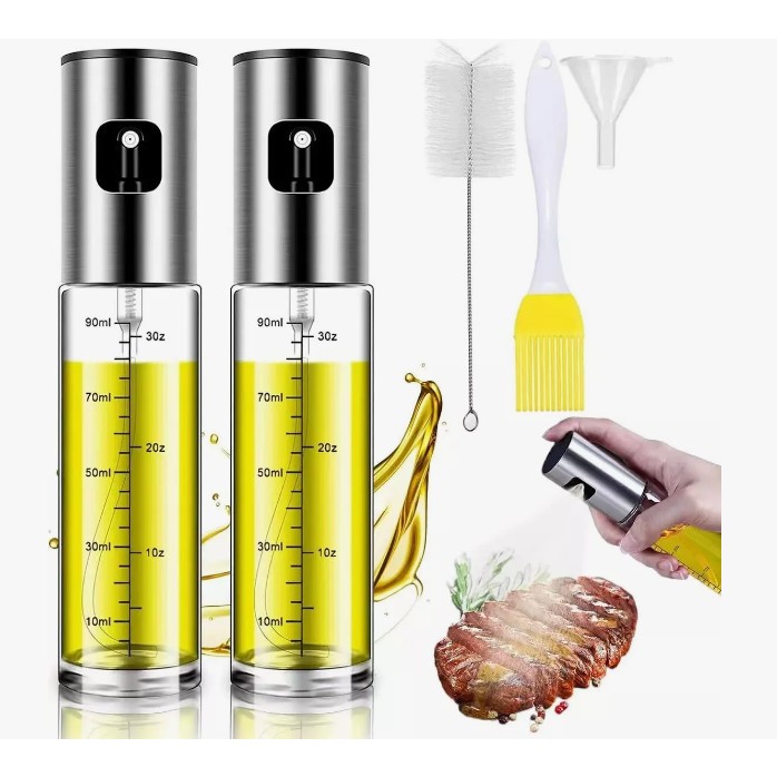 Kit 2 Spray Óleo e Vinagre 100ml Vidro Inox 304 Cozinha com Funil, Pincel Silicone e Escova Limpeza