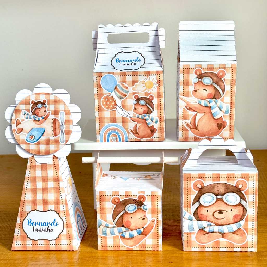 Kit Caixinhas Personalizadas Festa Infantil – Lembrancinhas Prontas – Papelaria Personalizada – Ursinho Aviador