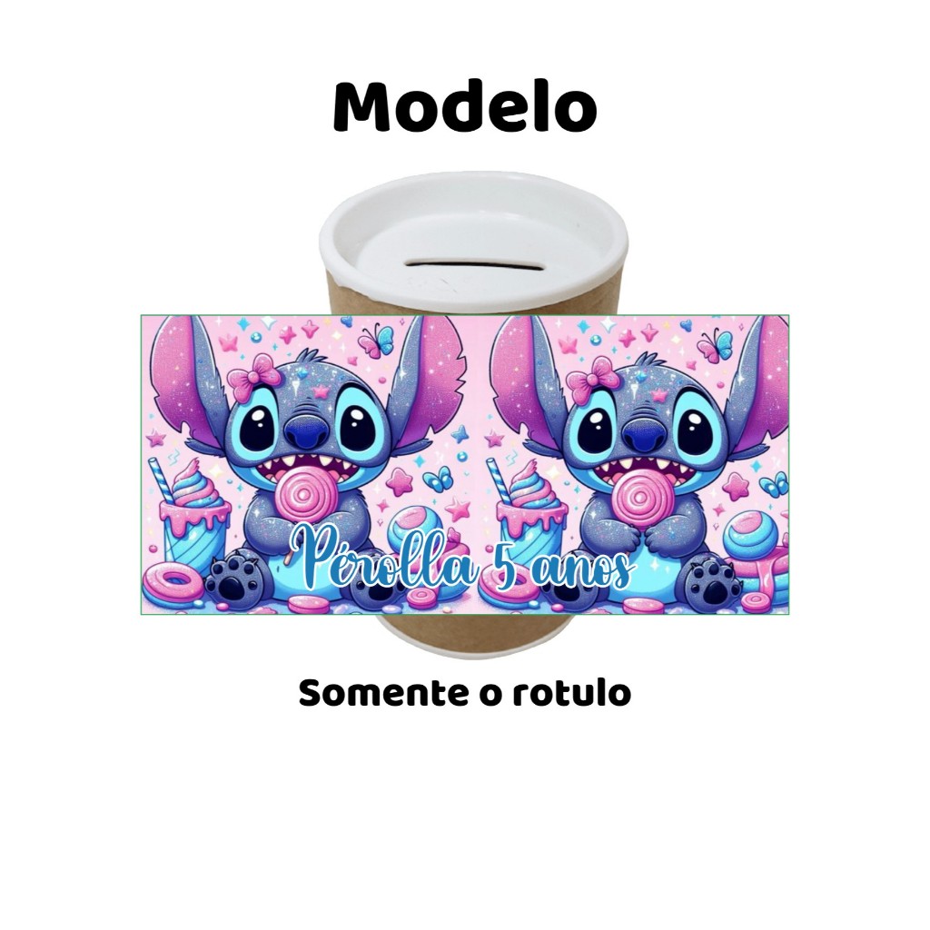 Rótulo adesivo personalizado para cofrinho ou tubolata tema STITCH lembrancinha
