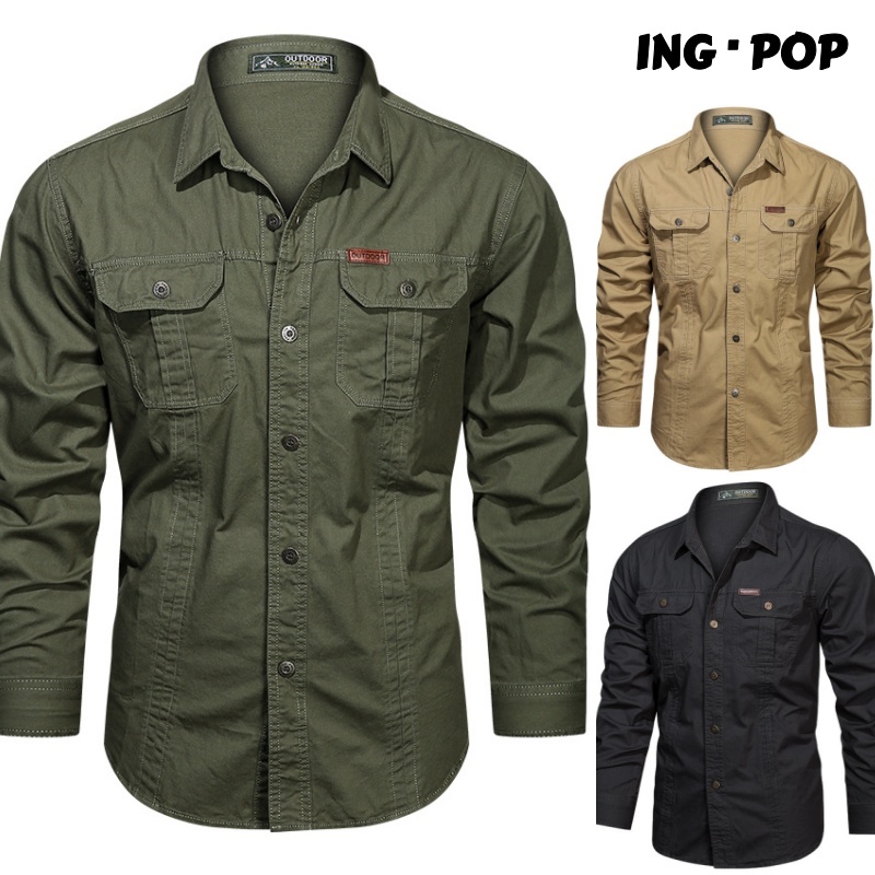 Camisa Casual Com Manga Comprida Botões Moda Masculina Com Botões De Algodão Esportes Cargo