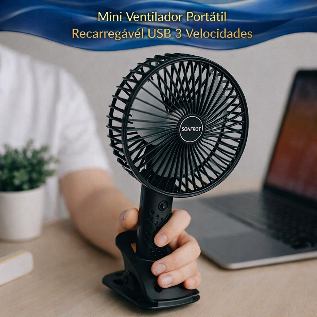 Mini Ventilador de Mesa Recarregavel USB Preto com 3 Velocidades e Clip Rotativo Ajustavel Portatil