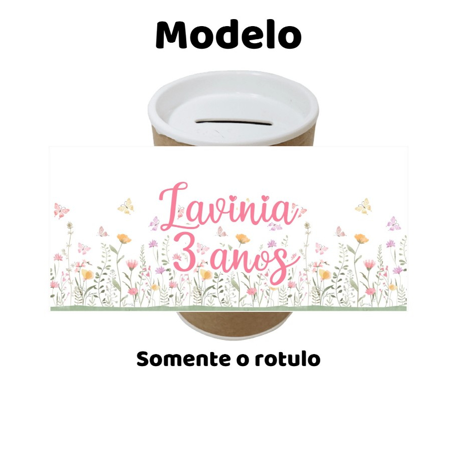 Rótulo adesivo personalizado para cofrinho ou tubolata tema JARDIM BORBOLETA lembrancinha