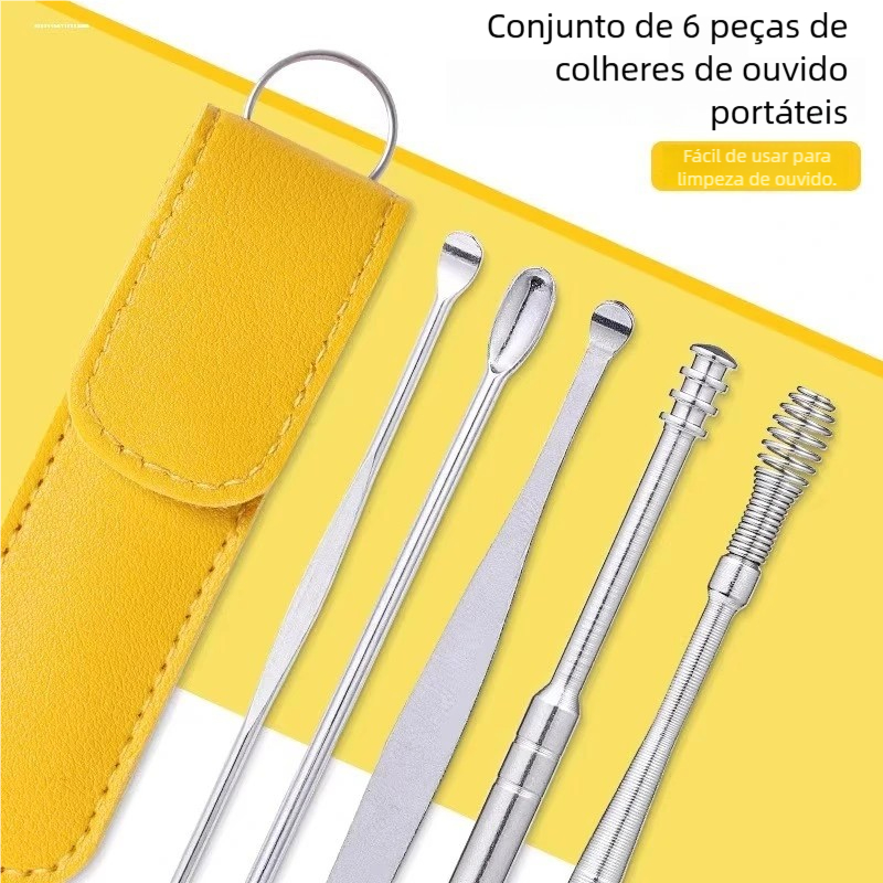 Kit Portátil de Colheres de Cera de Ouvido (6 Peças) - Feito em Aço Inoxidável, Equipamento de Viagem em Oferta na Shopee