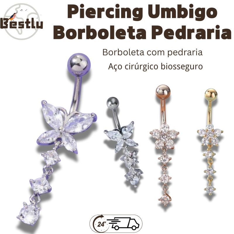 Piercing Borboleta pingente com pedraria cor Prata/Dourado Aço cirúrgico para Umbigo Durável imperio