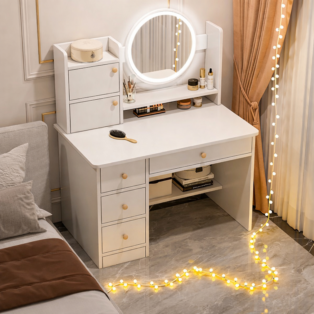 Penteadeira de quarto com 6 gavetas mesa de maquiagem multifuncional LED branca Yesop em Oferta na Shopee