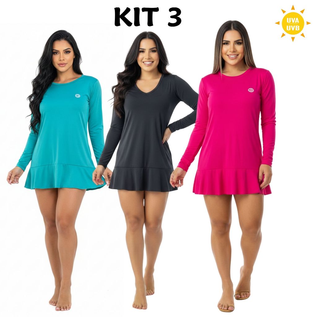 Kit 3 Saída de Praia Feminina com Proteção Solar Vestido Térmico UV50 Moda Praia Férias Verão Malha Fria em Oferta na Shopee