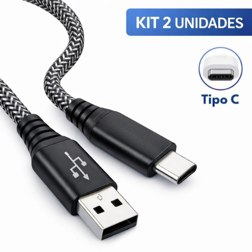 Kit 2 Cabo Carregador usb Tipo C 2 Metro Ultra Rápido Nylon Resistente Anti Quebra