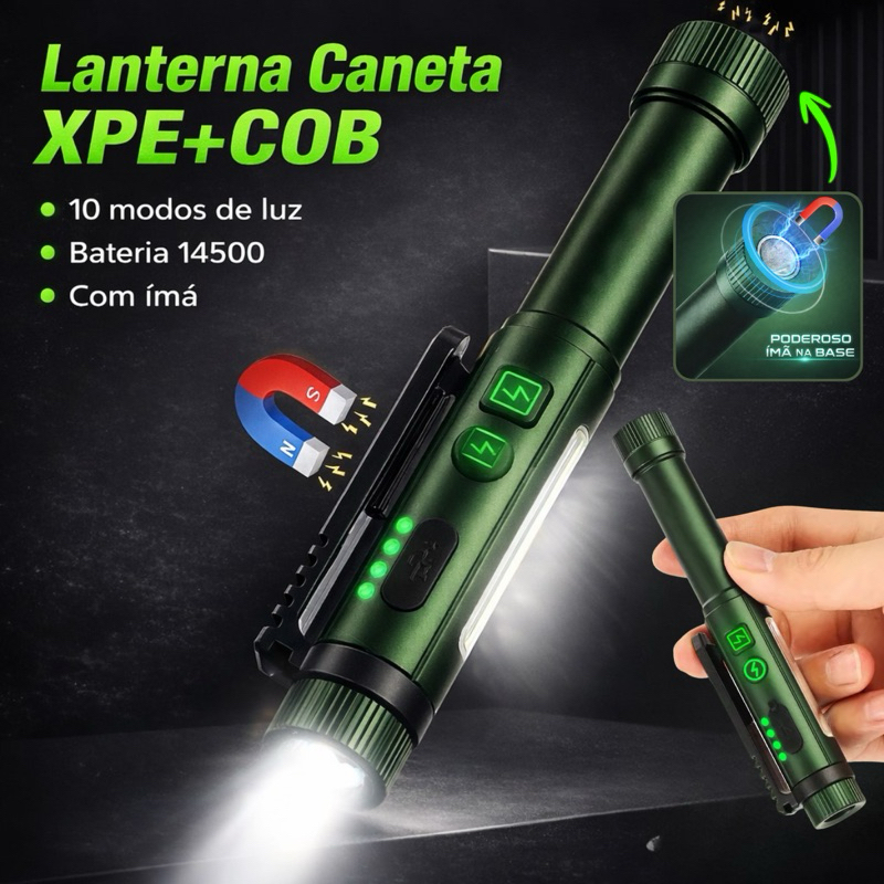 Lanterna Caneta de Bolso 12 Modos Tática LED XPG SMD Recarregável Luz COB UV Quebra Vidro com Imã