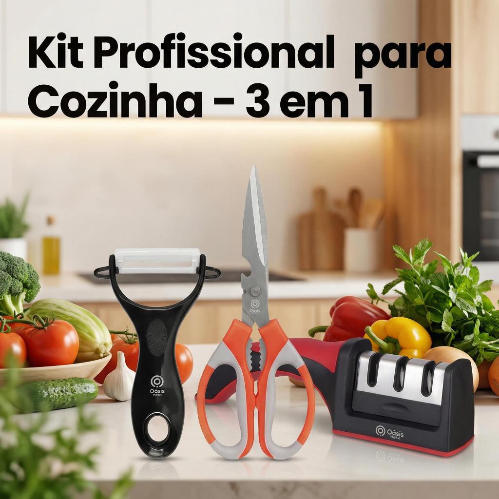 Kit Profissional para Cozinha - 3 em 1: Afiador, Tesoura e Descascador Premium para Preparação de Alimentos