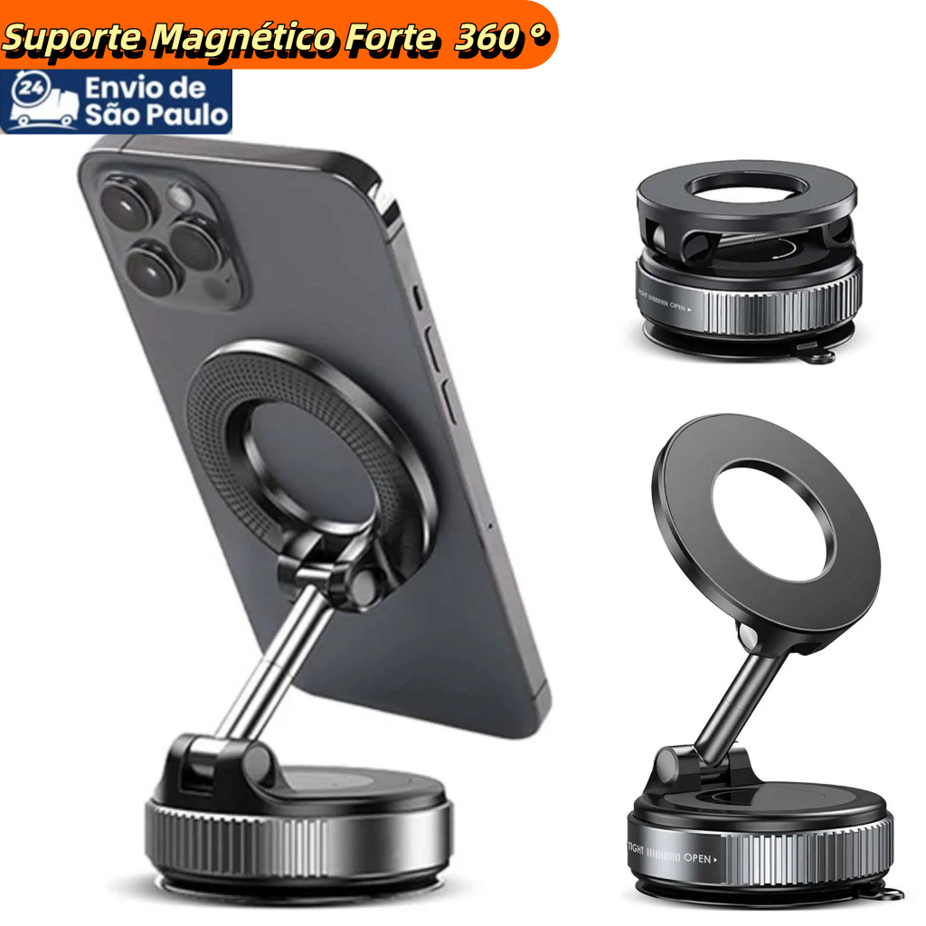 Suporte Magnético 360° para Celular Fixação Poderosa e Rotação com Base de Vácuo em Oferta na Shopee