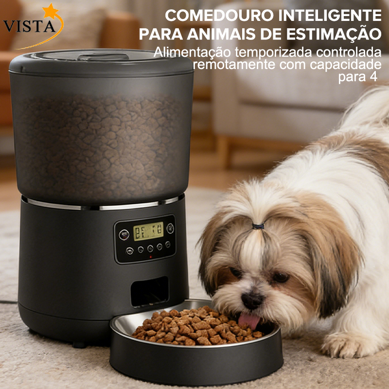 Comedouro Automático para Gatos Programável 4L Alimentador Pet com Timer 1 a 4 Refeições Dupla Alimentação VISTA
