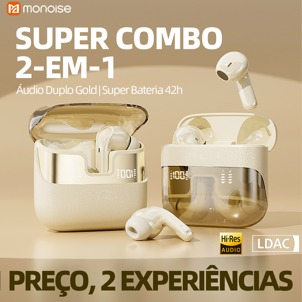 monoise Fone de Ouvido Bluetooth Sem Fio 2 em 1 para Casal, Bateria de Longa Duração, Cancelamento de Ruído ENC IPX4