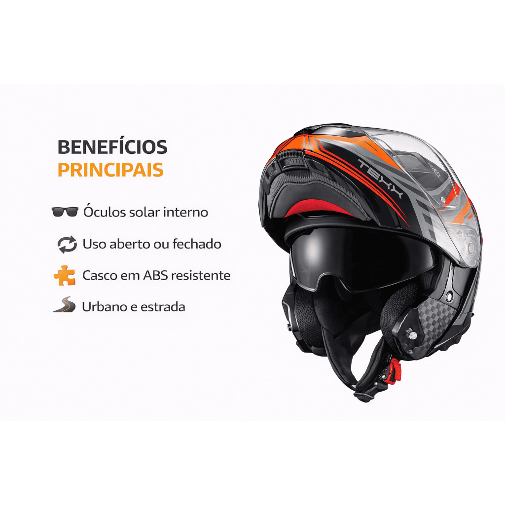 Capacete Texx Kratos Nômade Escamoteável com Óculos Solar Conforto e Proteção em Oferta na Shopee