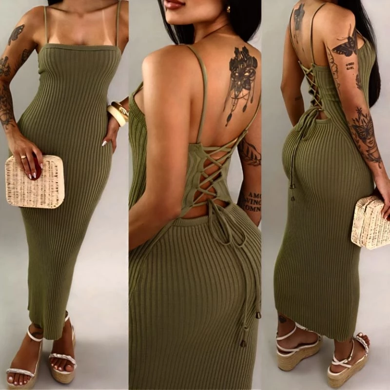 Vestido Tricot Modal Midi Trançado nas costas Tricô alta qualidade Verão 2027 Carnaval Praia Festa — imagem 1
