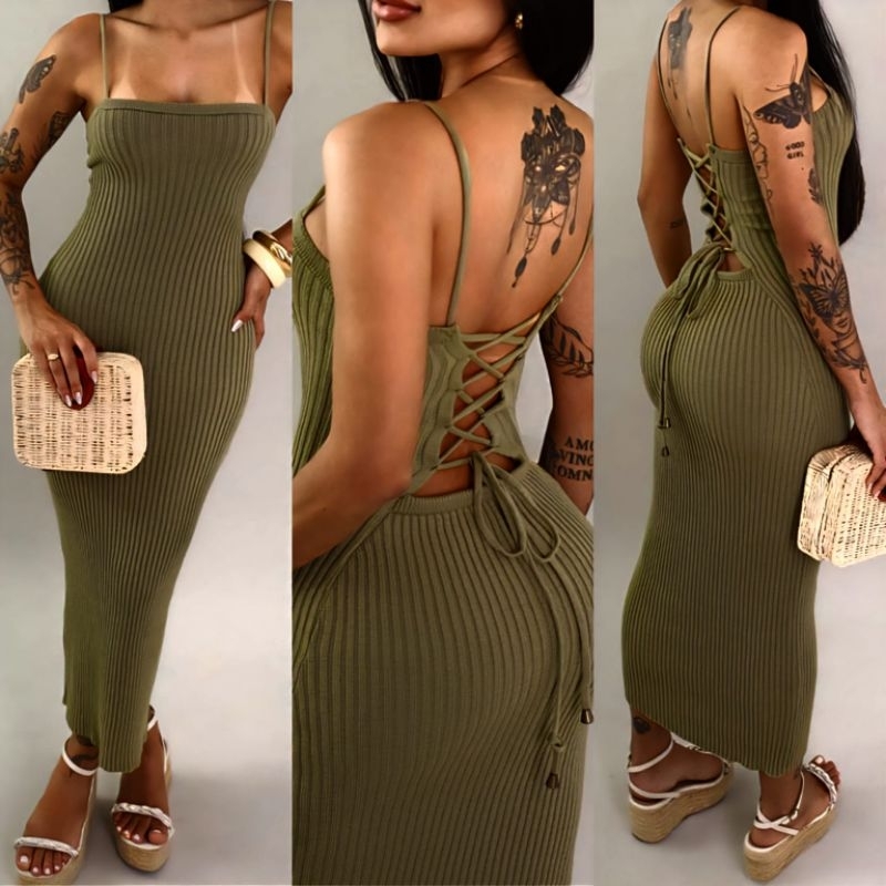 Vestido Midi Trançado nas Costas Tricot Modal Canelado tricô Premium Tendência Verão Festa Praia