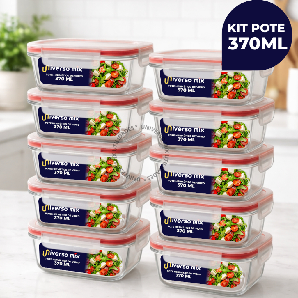 Kit 10 ou 5 Potes Vidro Hermético 370ml Retangular Premium Marmita Fitness em Oferta na Shopee