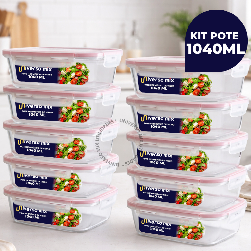 Kit 10 ou 5 Potes Vidro Hermético 1040ml Retangular 4 Travas Marmita Premium em Oferta na Shopee