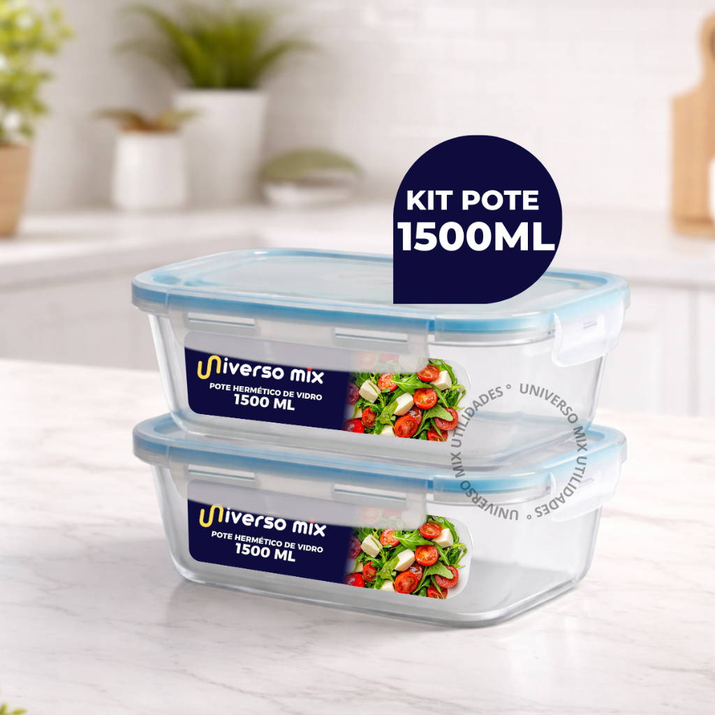 Kit 2 ou 5 Potes Hermético 4 Travas Retangular Vidro 1500ml  Marmita Premium em Oferta na Shopee