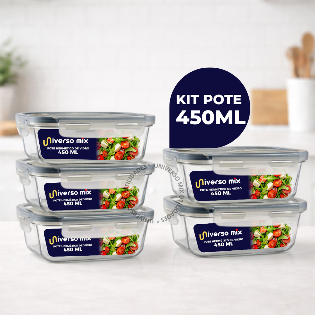 Kit 5 ou 10 Potes Vidro Hermético 450ml Retangular Mantimentos Marmita Premium