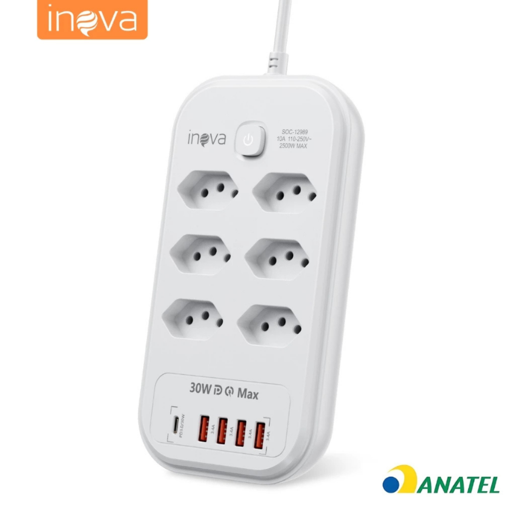 Inova Regua Filtro Linha 6 8 10 Tomadas 5 Usb 2 Type C 30W 2500W Protecao