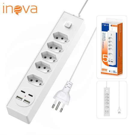 Inova Régua Filtro Linha 4 e 5 Tomadas 2 Metros 2 Usb C 2 Usb A 2500W Dps