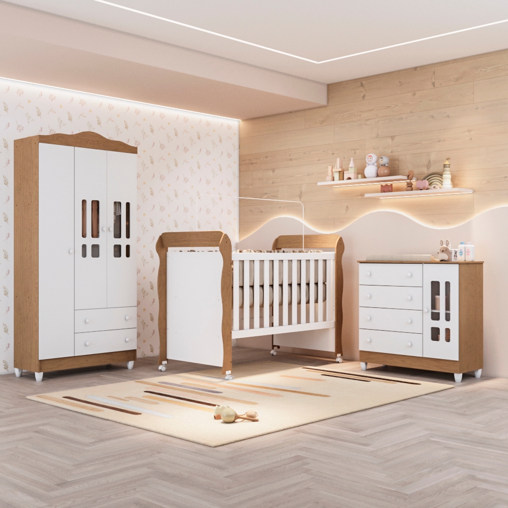 Quarto Bebê Completo Berço Americano Marquesa Mini Cama Guarda Roupa 3 Portas Cômoda 1 Porta 100%MDF